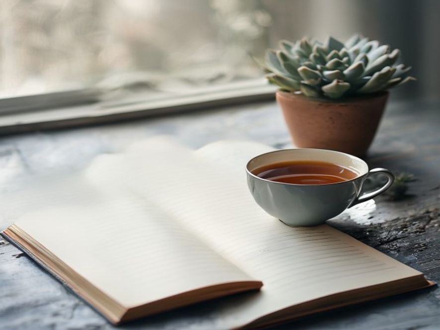Open notebook with handwritten reflections beside a warm cup of tea and succulent plant