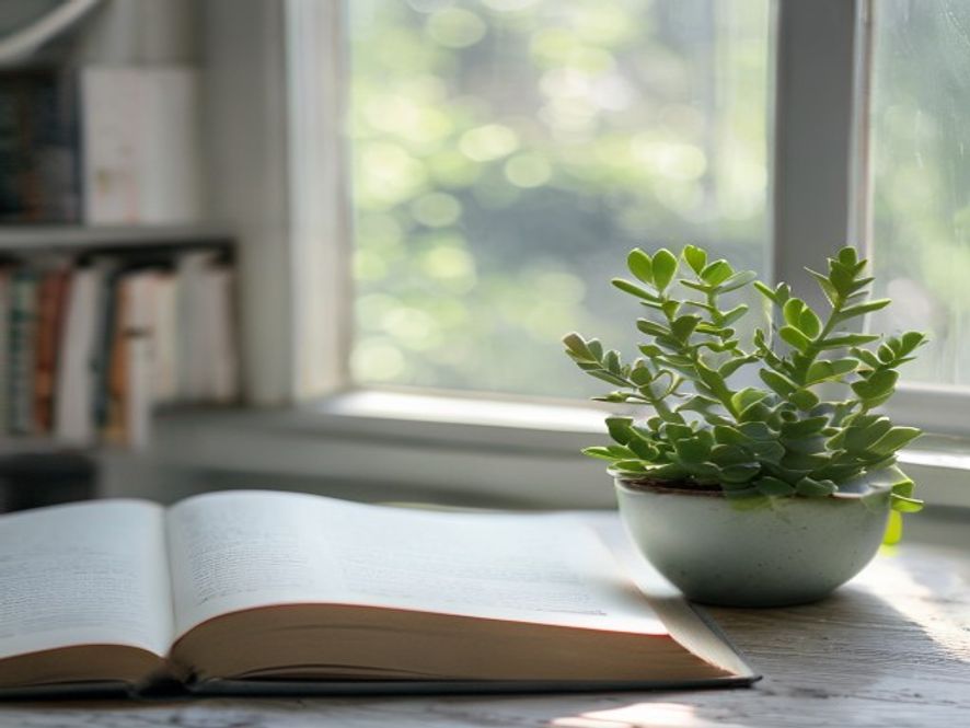 Peaceful workspace with learning materials, succulent plants, and natural light from a window
