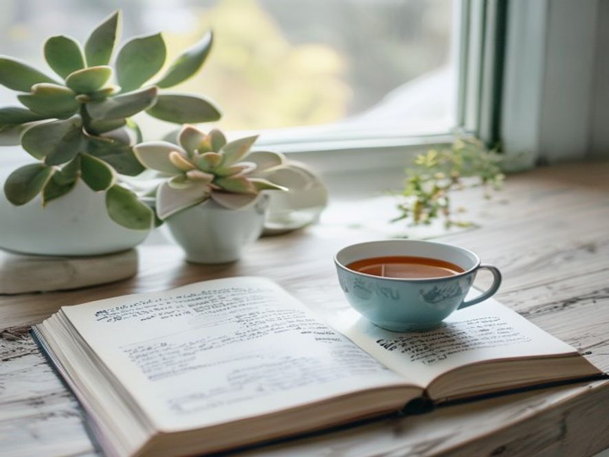 Serene workspace with an open guidebook and a cup of herbal tea on a minimalist desk