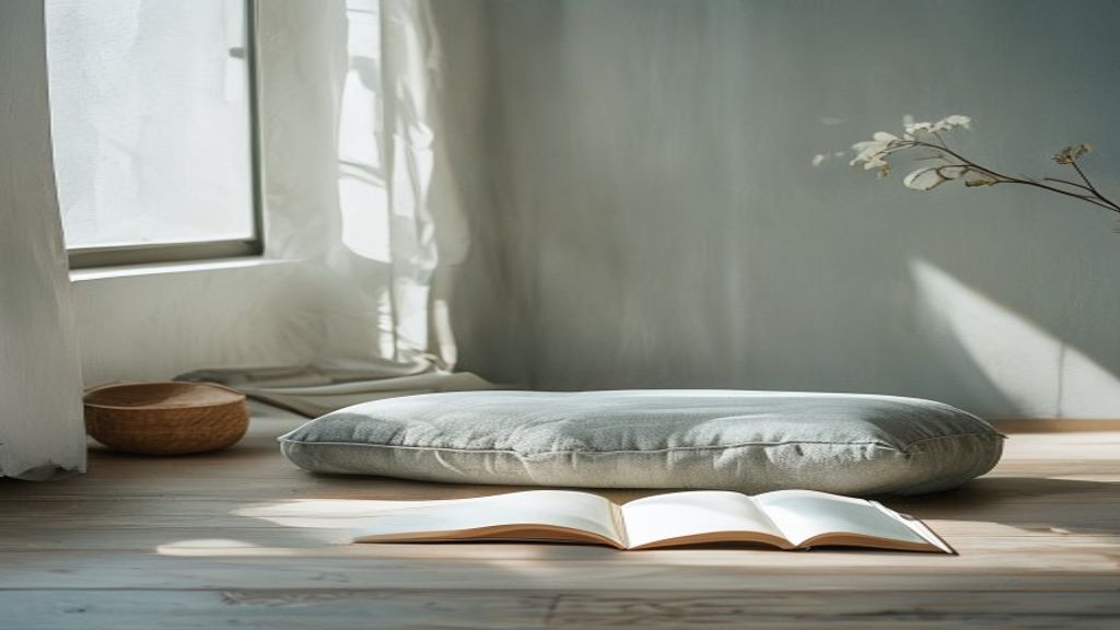 Serene interior space with soft natural light, meditation cushion, and open journal on a light wooden floor